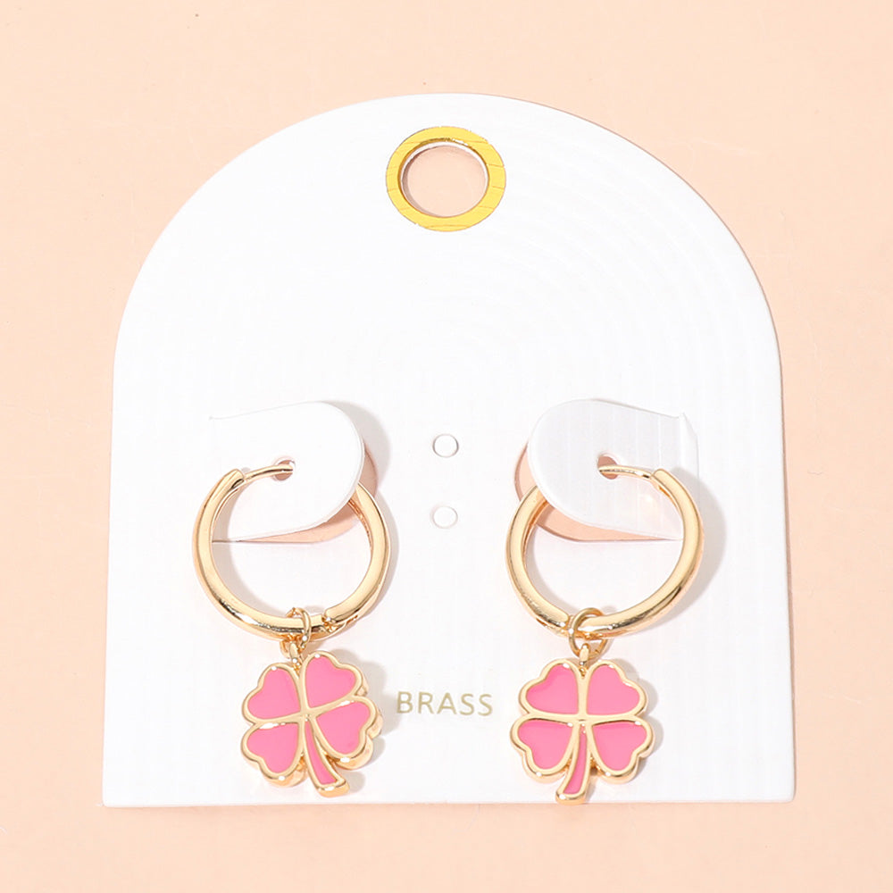Madeline Love Gold, Hot Pink Clover Charm Drop Mini Huggie Hoop Earrings