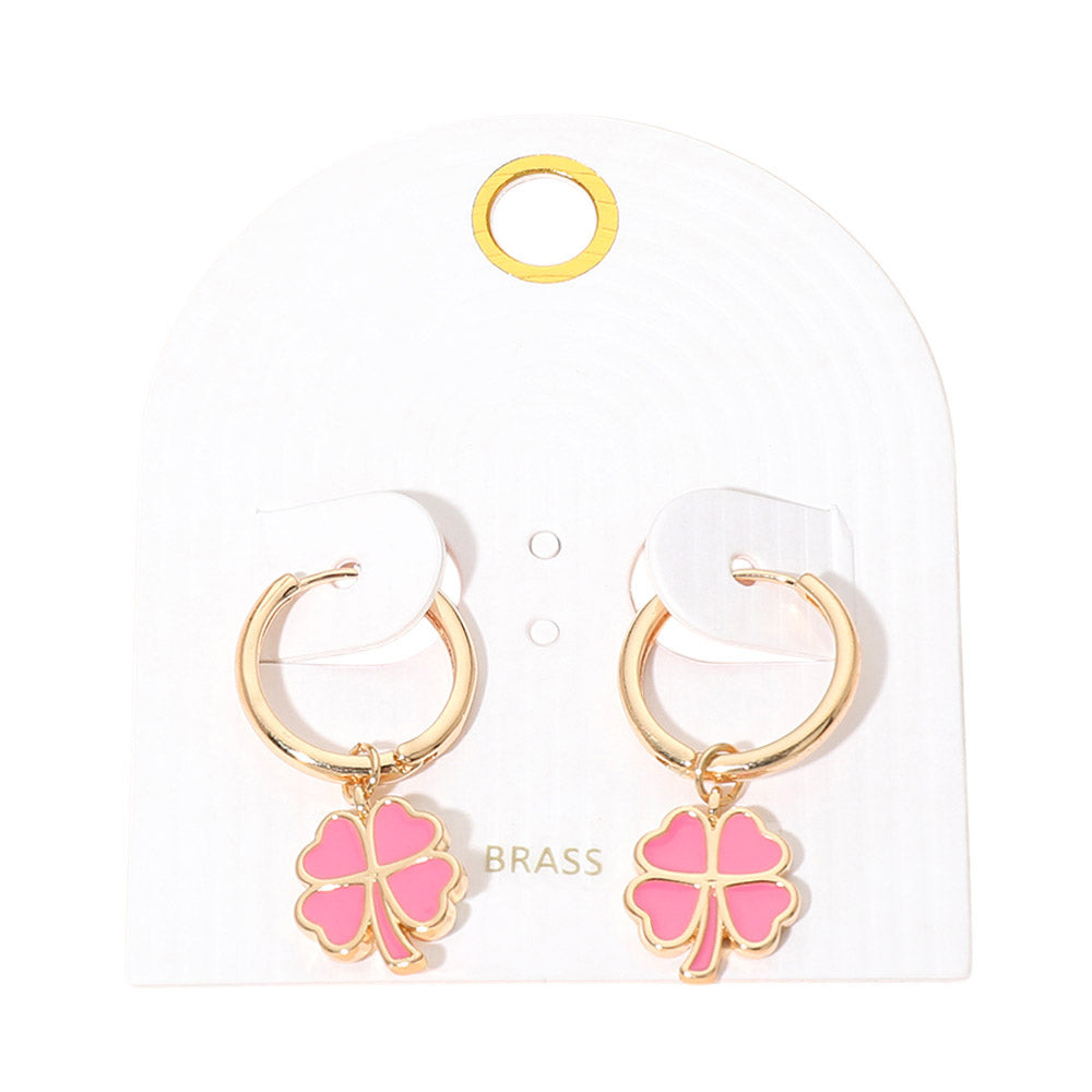 Madeline Love Gold, Hot Pink Clover Charm Drop Mini Huggie Hoop Earrings - desc