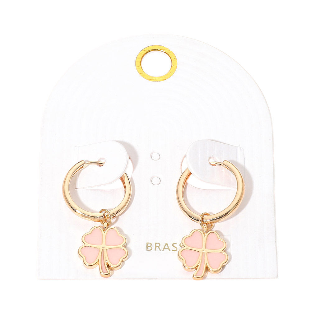 Madeline Love Gold, Pink Clover Charm Drop Mini Huggie Hoop Earrings - desc