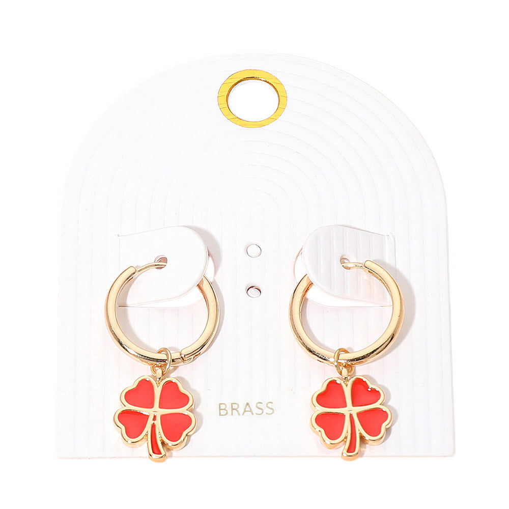 Madeline Love Gold, Red Clover Charm Drop Mini Huggie Hoop Earrings - desc