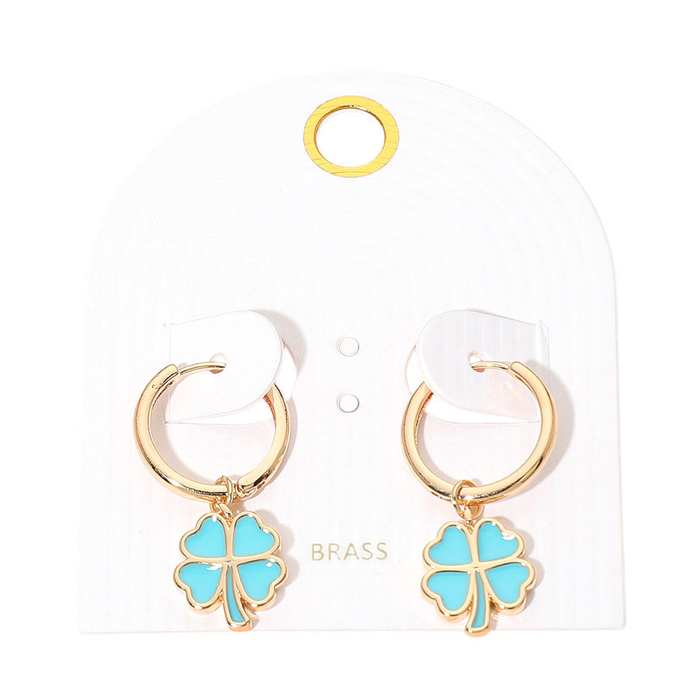 Madeline Love Gold, Turquoise Clover Charm Drop Mini Huggie Hoop Earrings - desc