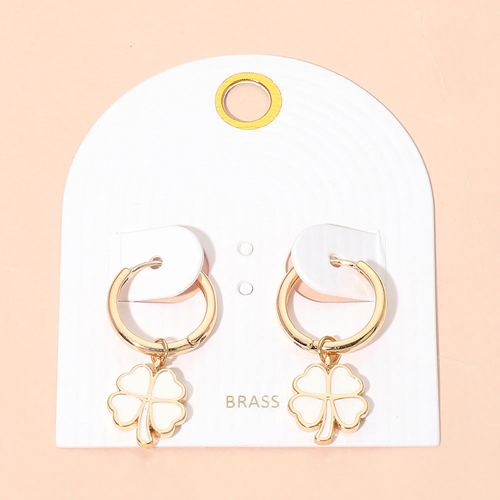 Madeline Love Gold, White Clover Charm Drop Mini Huggie Hoop Earrings