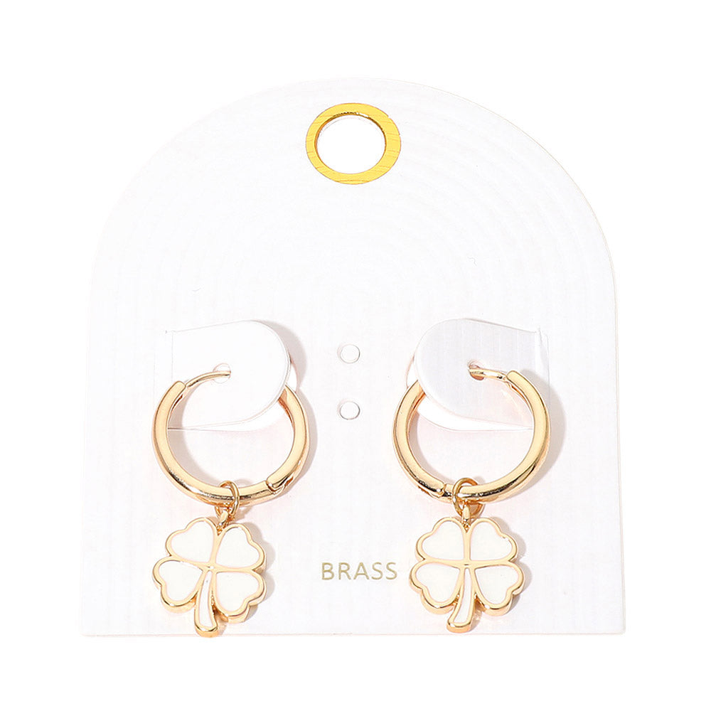 Madeline Love Gold, White Clover Charm Drop Mini Huggie Hoop Earrings - desc