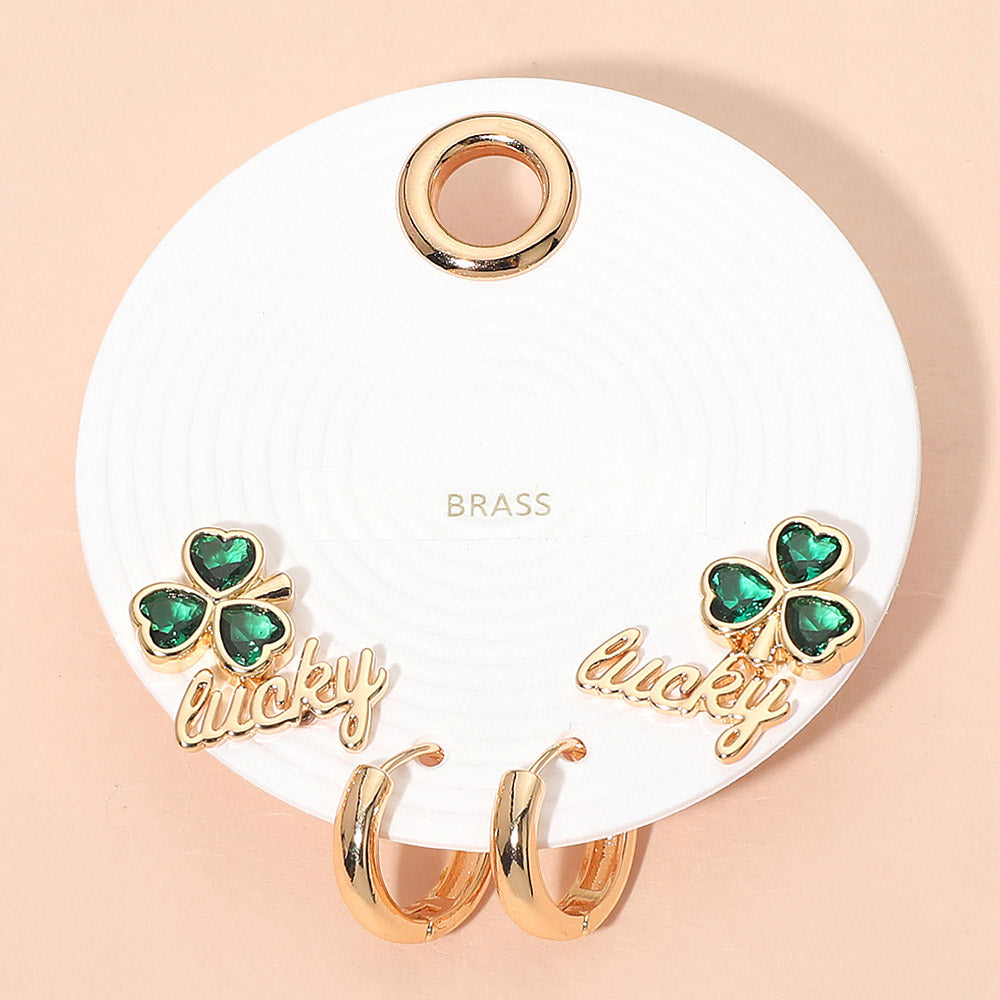 Madeline Love Gold, Green 3Pairs - Clover Lucky Stud Huggie Hoop Earring Set - Earrings
