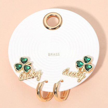 Madeline Love Gold, Green 3Pairs - Clover Lucky Stud Huggie Hoop Earring Set - Earrings