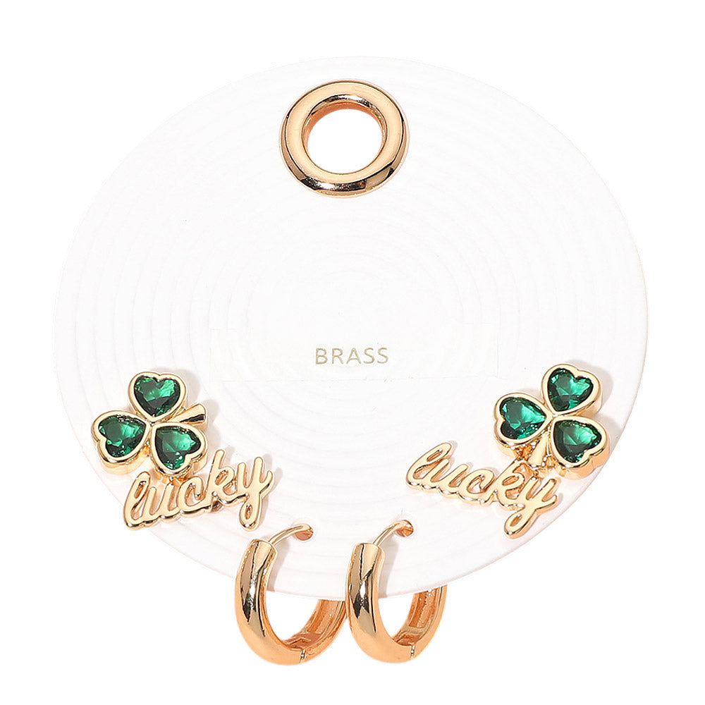 Madeline Love Gold, Green 3Pairs - Clover Lucky Stud Huggie Hoop Earring Set - Earrings - desc