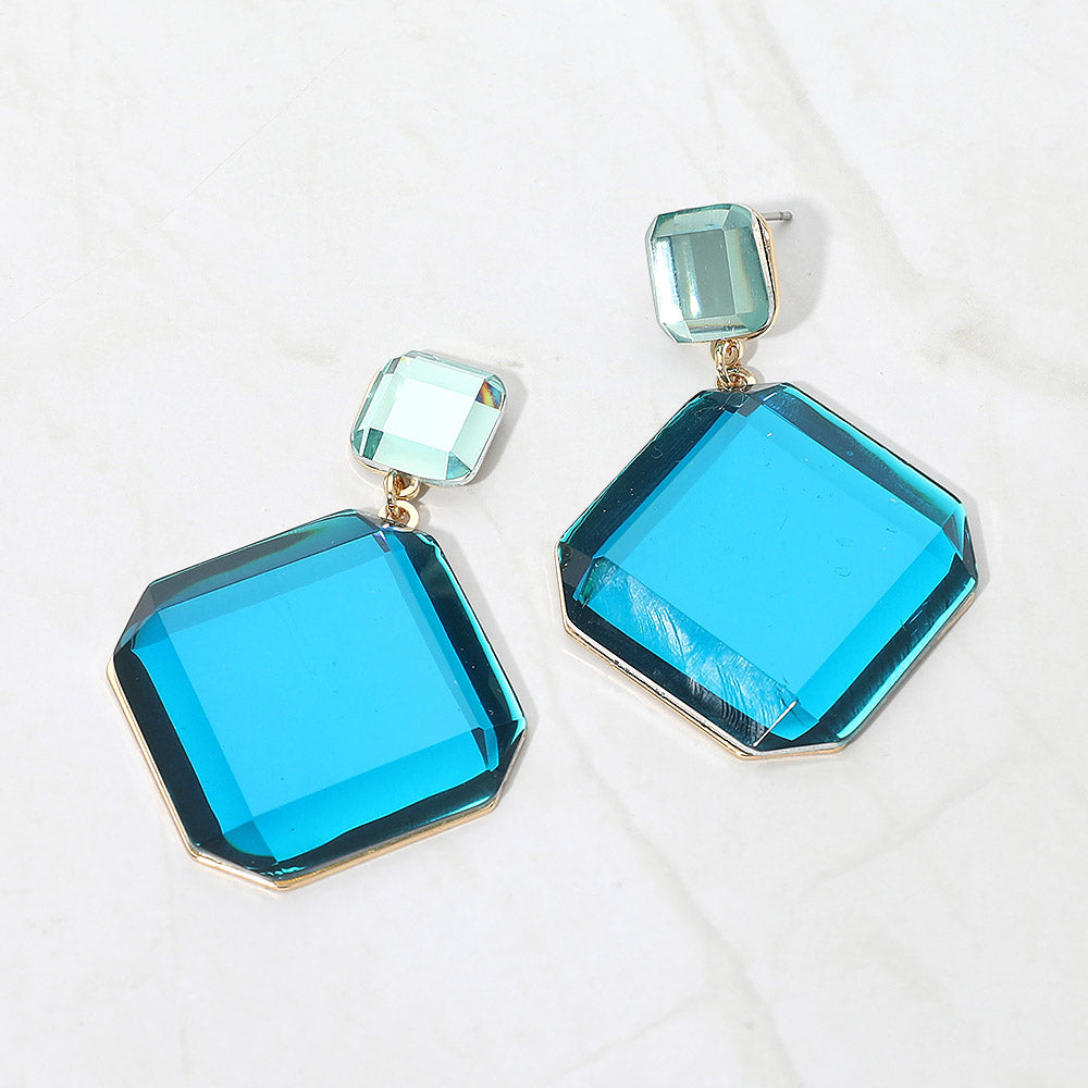 Madeline Love Blue Bold Geometric Faceted Square Drop Dangle Statement Earrings