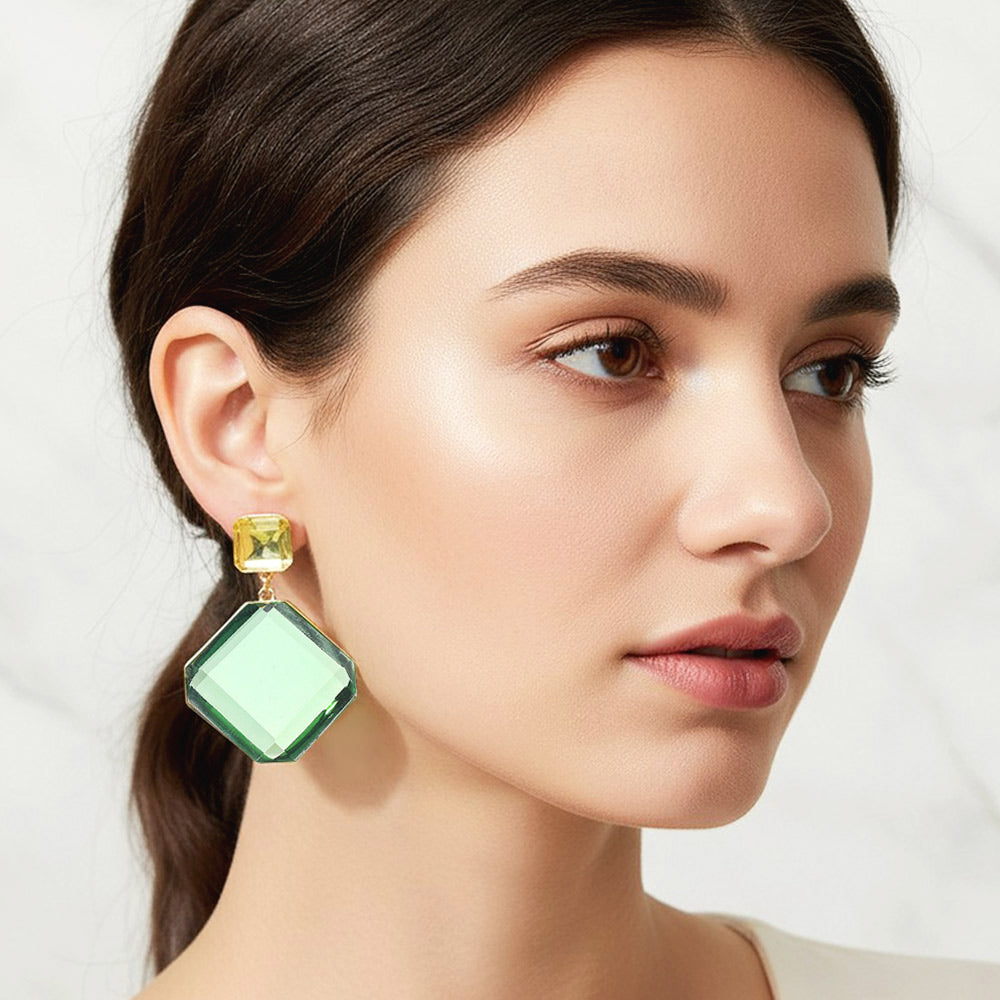 Madeline Love Green Bold Geometric Faceted Square Drop Dangle Statement Earrings