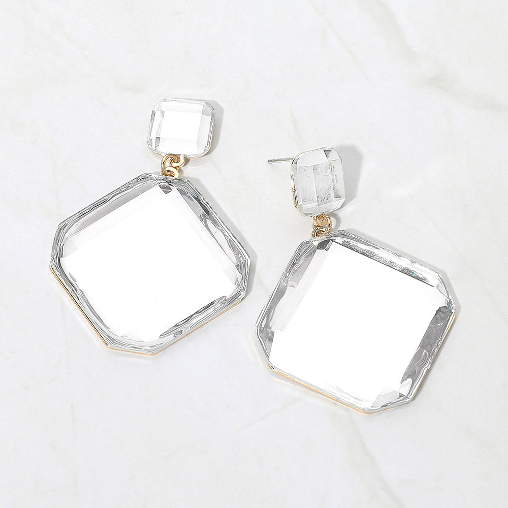 Madeline Love Clear, Gold Bold Geometric Faceted Square Drop Dangle Statement Earrings