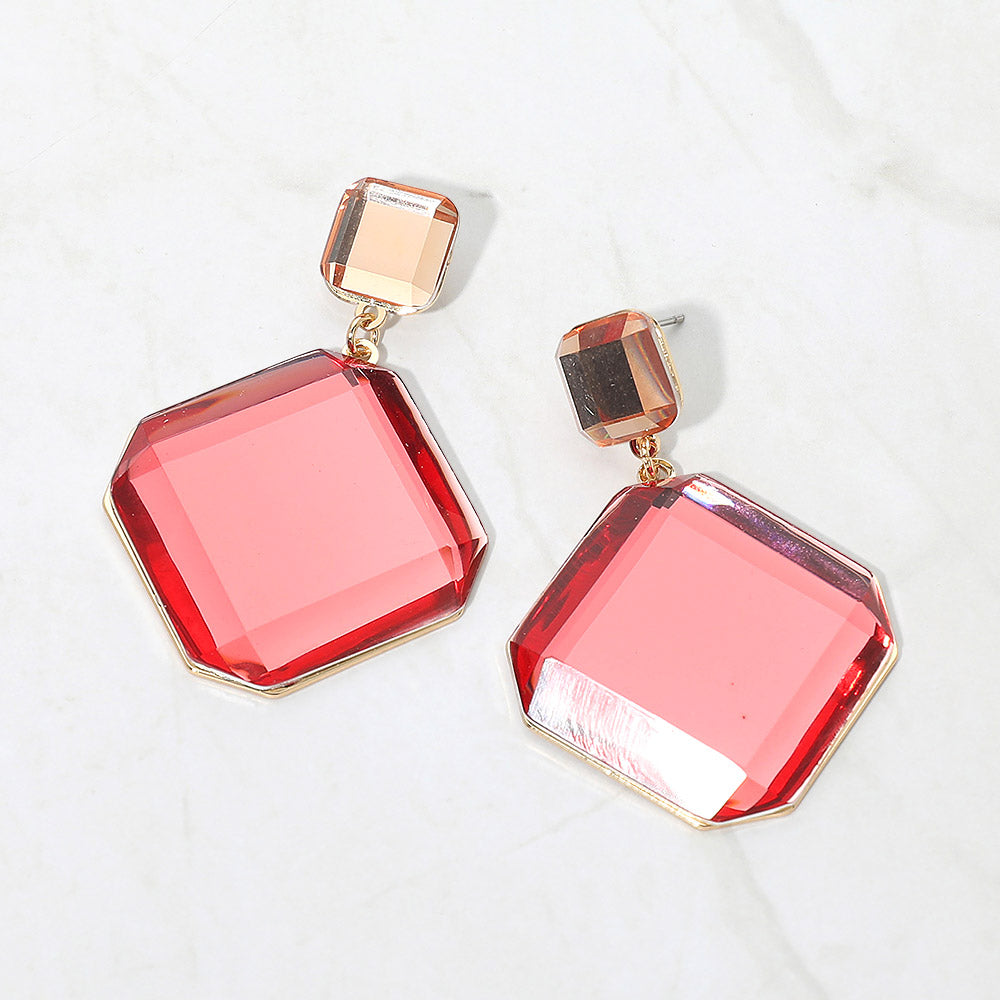Madeline Love Red Bold Geometric Faceted Square Drop Dangle Statement Earrings