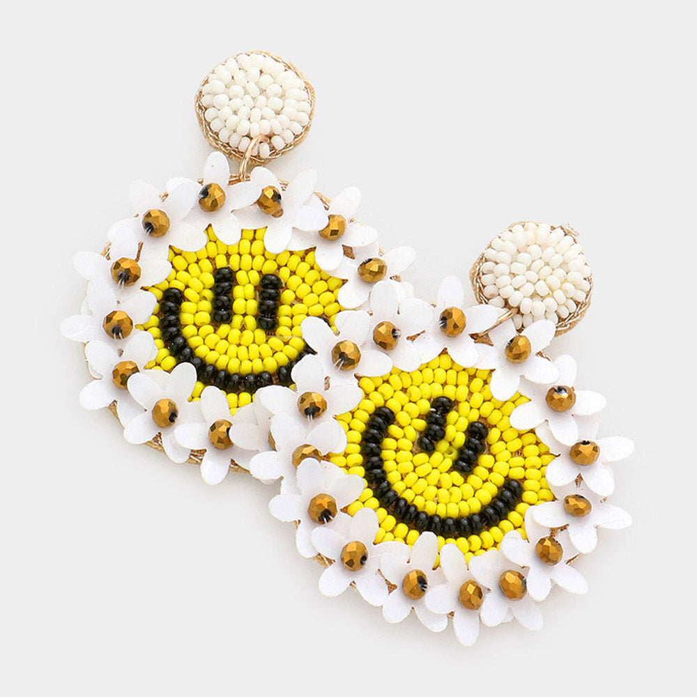 Madeline Love Ivory Felt Back Floral Seed Beaded Smile Dangle Earrings