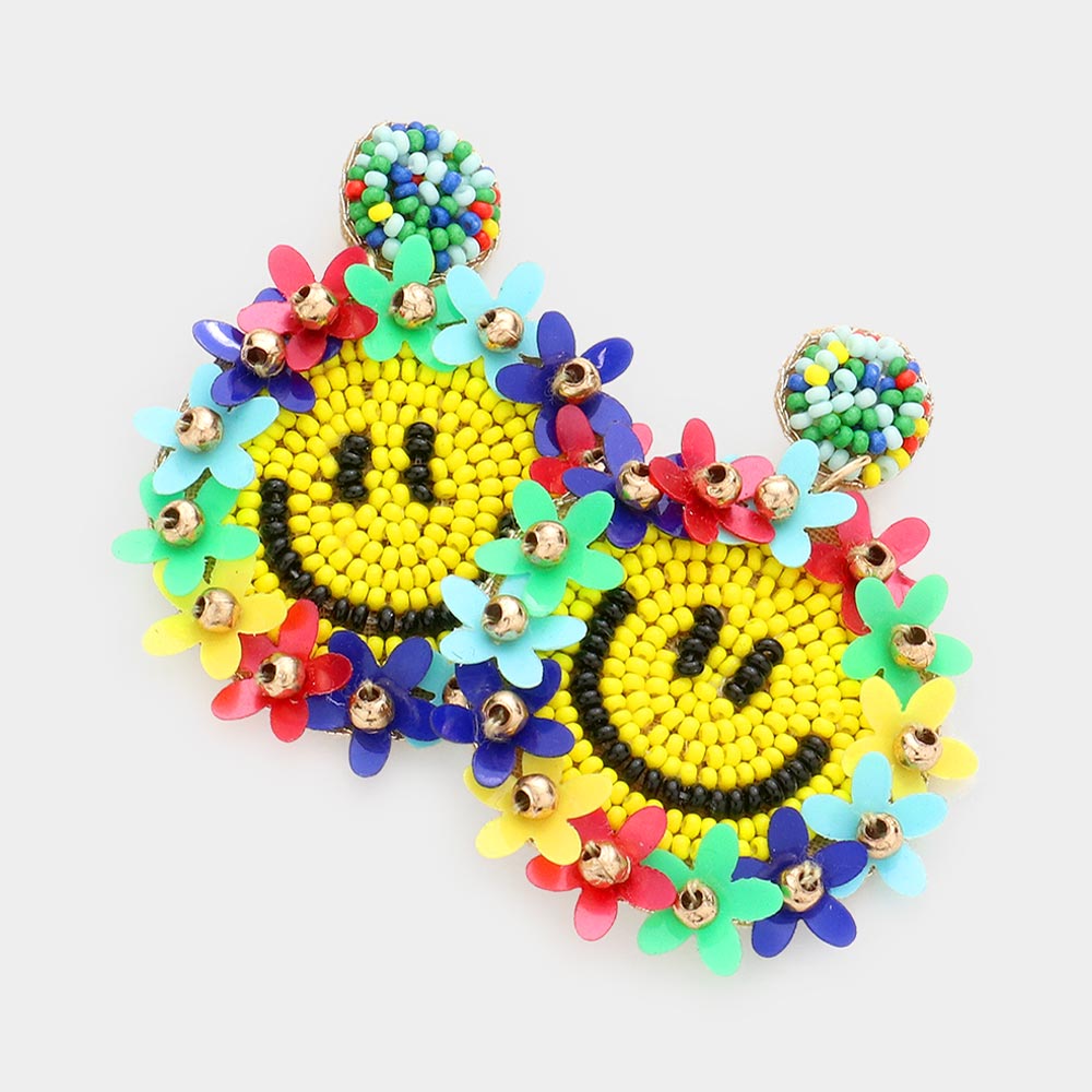 Madeline Love Multi Felt Back Floral Seed Beaded Smile Dangle Earrings