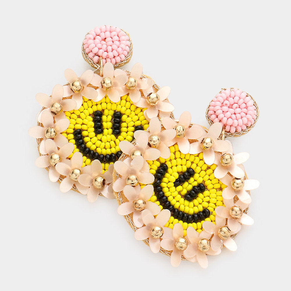 Madeline Love Pink Felt Back Floral Seed Beaded Smile Dangle Earrings