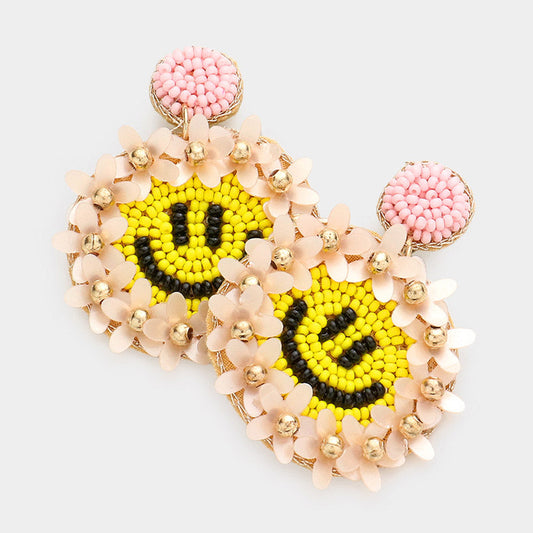 Madeline Love Pink Felt Back Floral Seed Beaded Smile Dangle Earrings