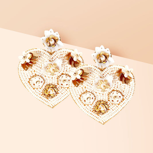Felt Back Flower Pointed Seed Beaded Heart Dangle Earrings - Ivory - Earrings