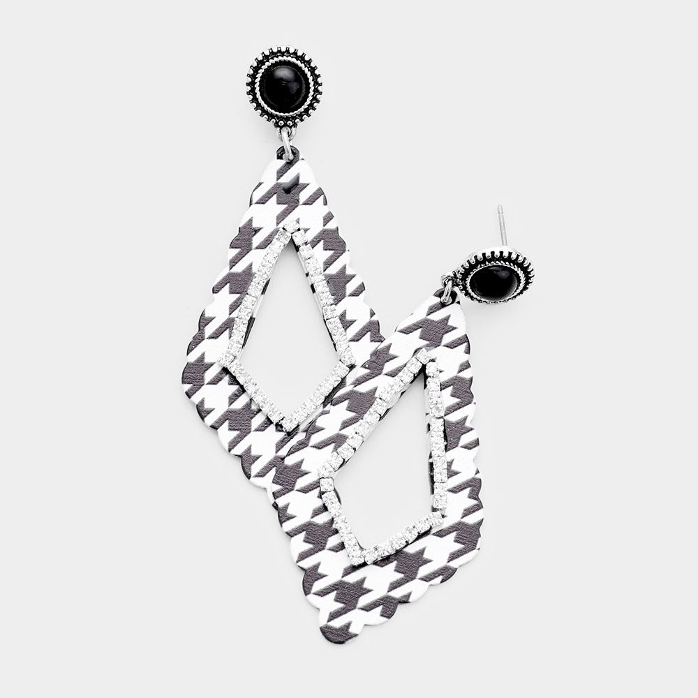 Madeline Love Black, White Houndstooth Check Print Rhinestone Embellished Cutout Geometric Metal Earrings