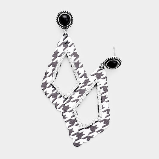 Madeline Love Black, White Houndstooth Check Print Rhinestone Embellished Cutout Geometric Metal Earrings