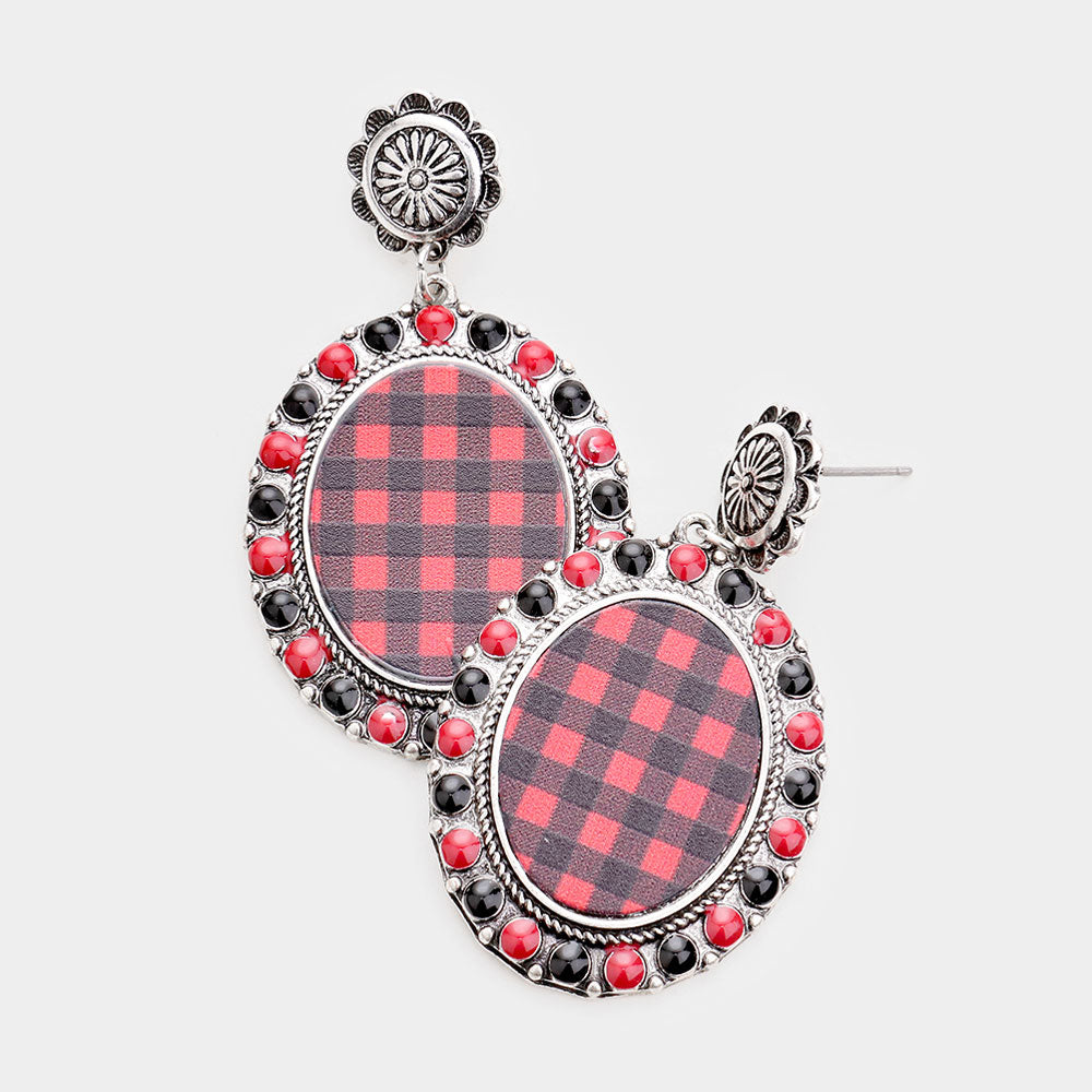 Madeline Love Black, Red Buffalo Check Print Colored Polka Dot Trim Metal Oval Dangle Earrings
