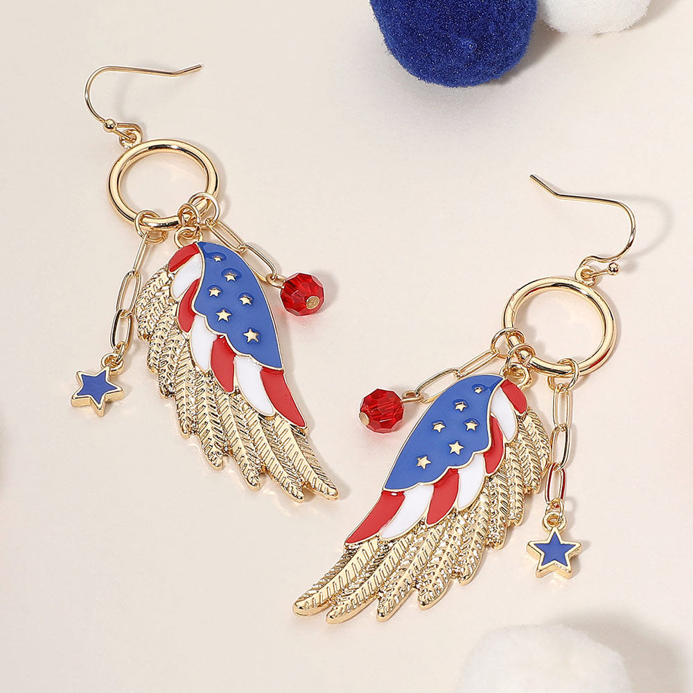 Madeline Love Gold, Multi Enamel American USA Flag Wing Dangle Earrings