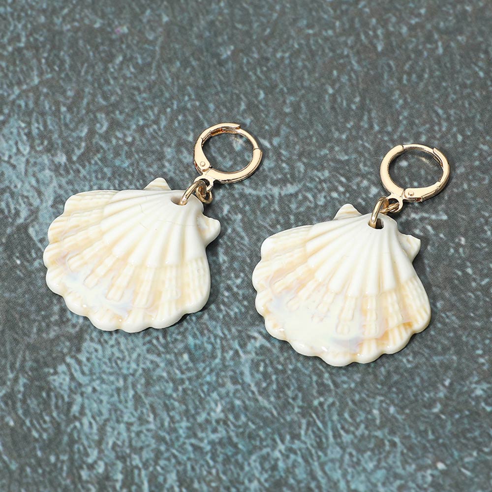 Madeline Love Beige, Gold Scallop Shell Drop Huggie Earrings