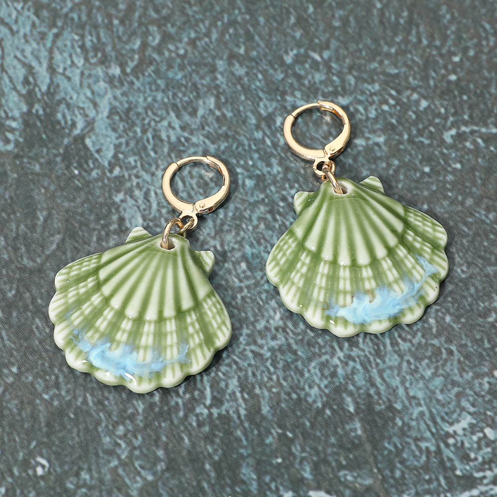 Madeline Love Gold, Green Scallop Shell Drop Huggie Earrings