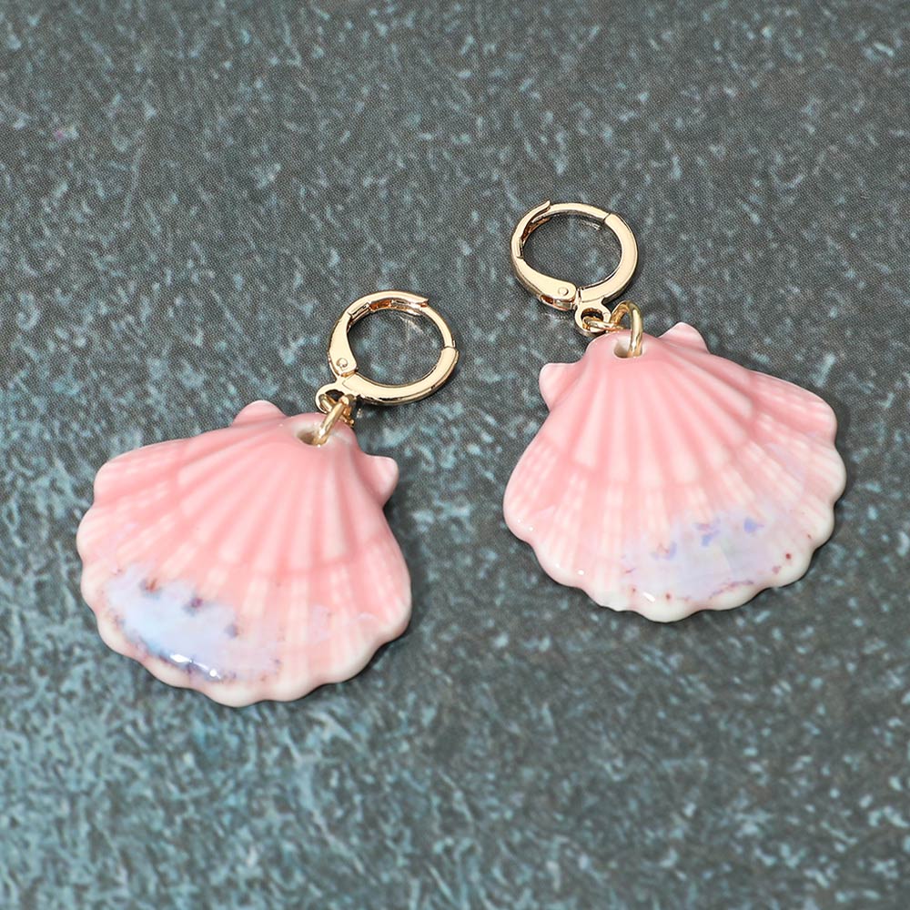 Madeline Love Gold, Pink Scallop Shell Drop Huggie Earrings
