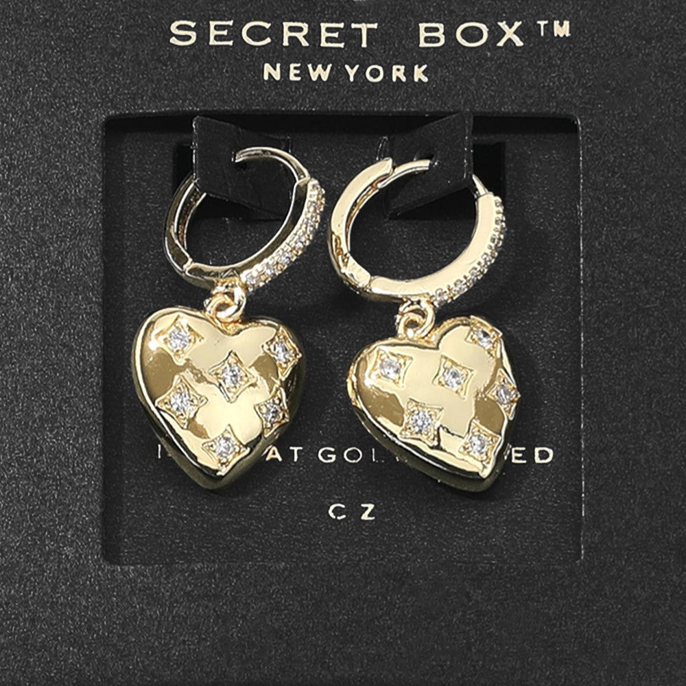 SECRET BOX_14K Gold Dipped CZ Stone Paved Heart Dangle Huggie Earrings