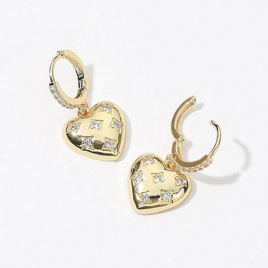 SECRET BOX_14K Gold Dipped CZ Stone Paved Heart Dangle Huggie Earrings