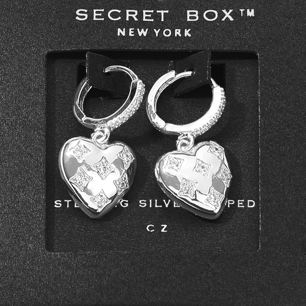 SECRET BOX_Sterling Silver Dipped CZ Stone Paved Heart Dangle Huggie Earrings