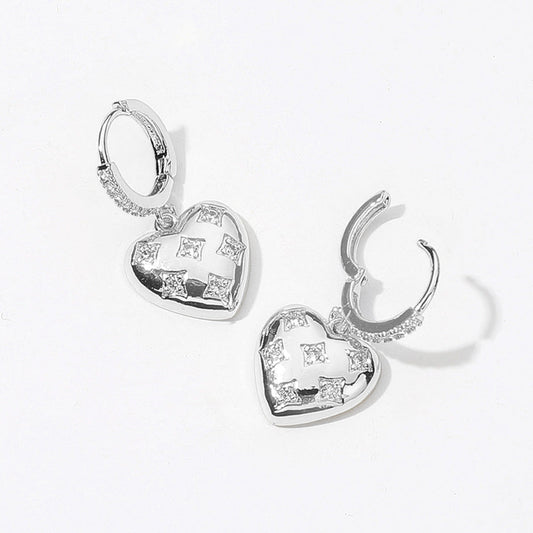 SECRET BOX_Sterling Silver Dipped CZ Stone Paved Heart Dangle Huggie Earrings