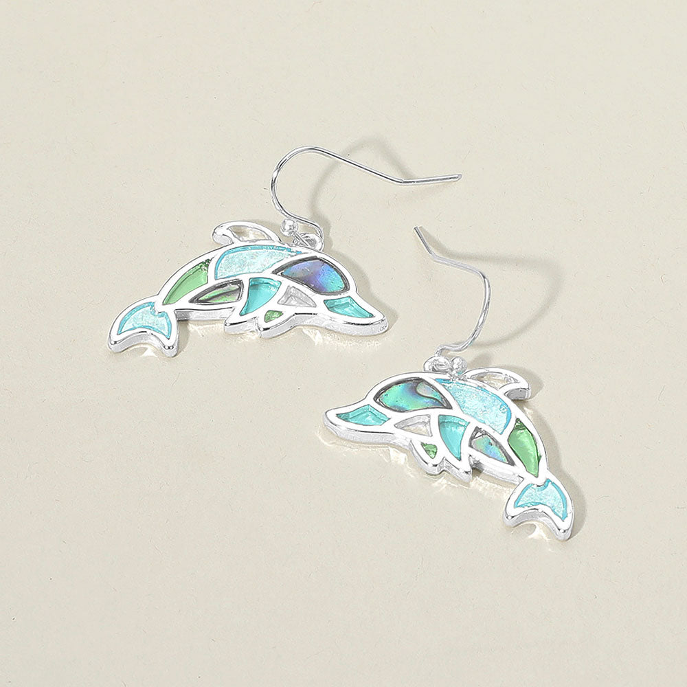 Madeline Love Multi, Silver Sea Glass Dolphin Dangle Earrings