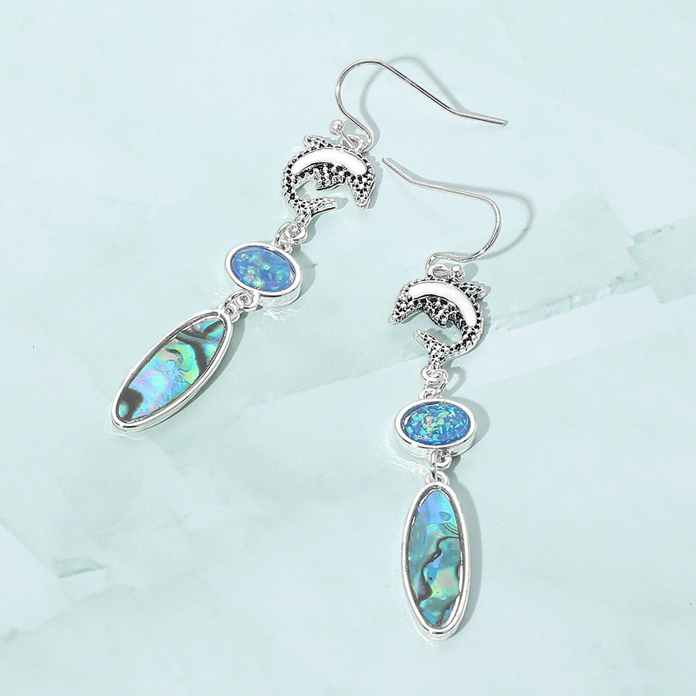 Madeline Love Abalone, Antique Silver, Multi Metal Dolphin Abalone Opal Drop Dangle Earrings