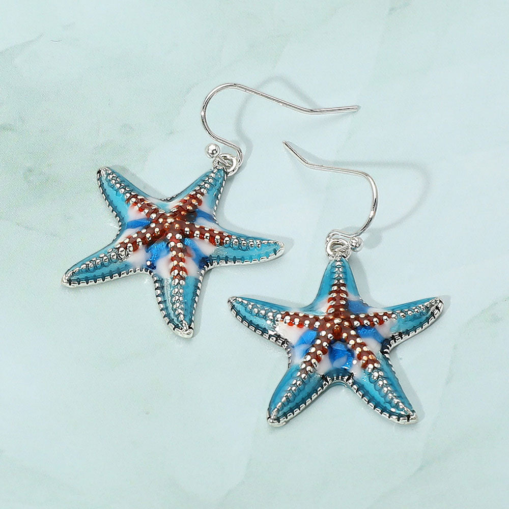 Antique Silver, Multi Enamel Starfish Dangle Earrings