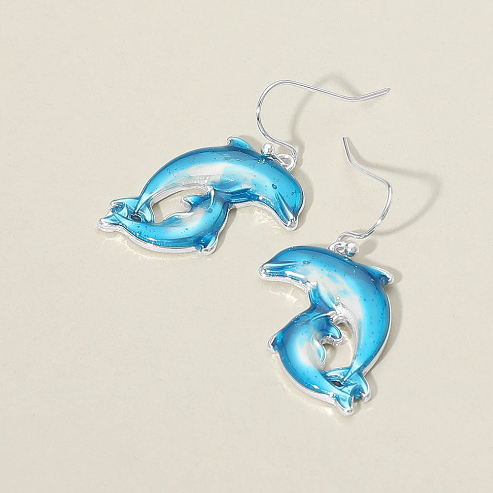 Madeline Love Blue, Silver Enamel Double Dolphin Dangle Earrings