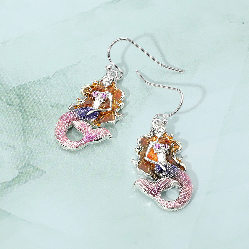 Antique Silver, Pink Enamel Mermaid Dangle Earrings