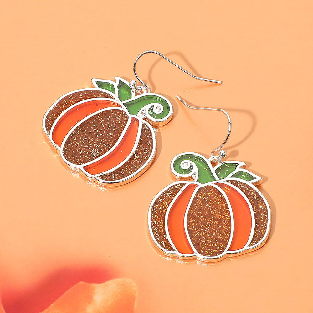 Multi, Silver Glittered Enamel Pumpkin Dangle Earrings