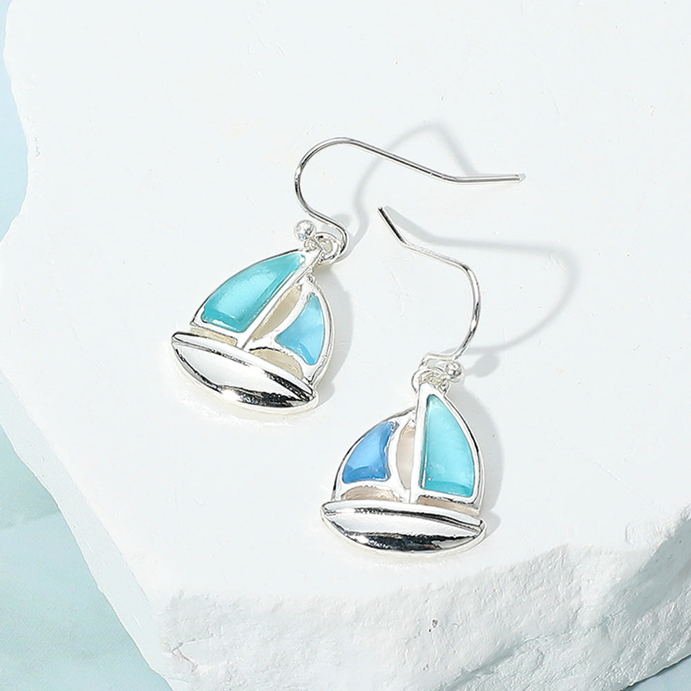 Blue, Silver Sea Glass Boat Dangle Earrings