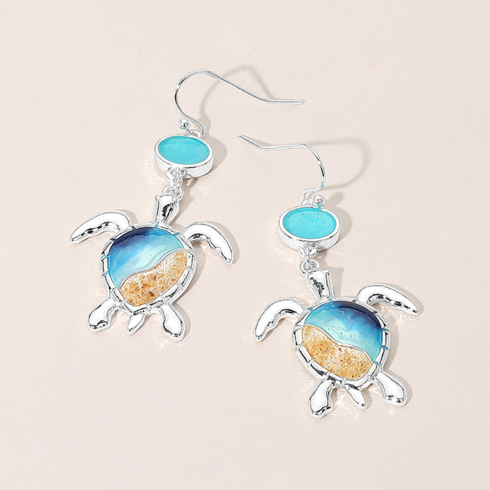 Madeline Love Multi, Silver Enamel Sea Turtle Sea Glass Link Dangle Earrings