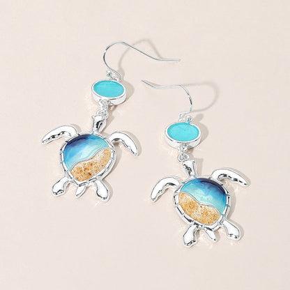 Madeline Love Multi, Silver Enamel Sea Turtle Sea Glass Link Dangle Earrings
