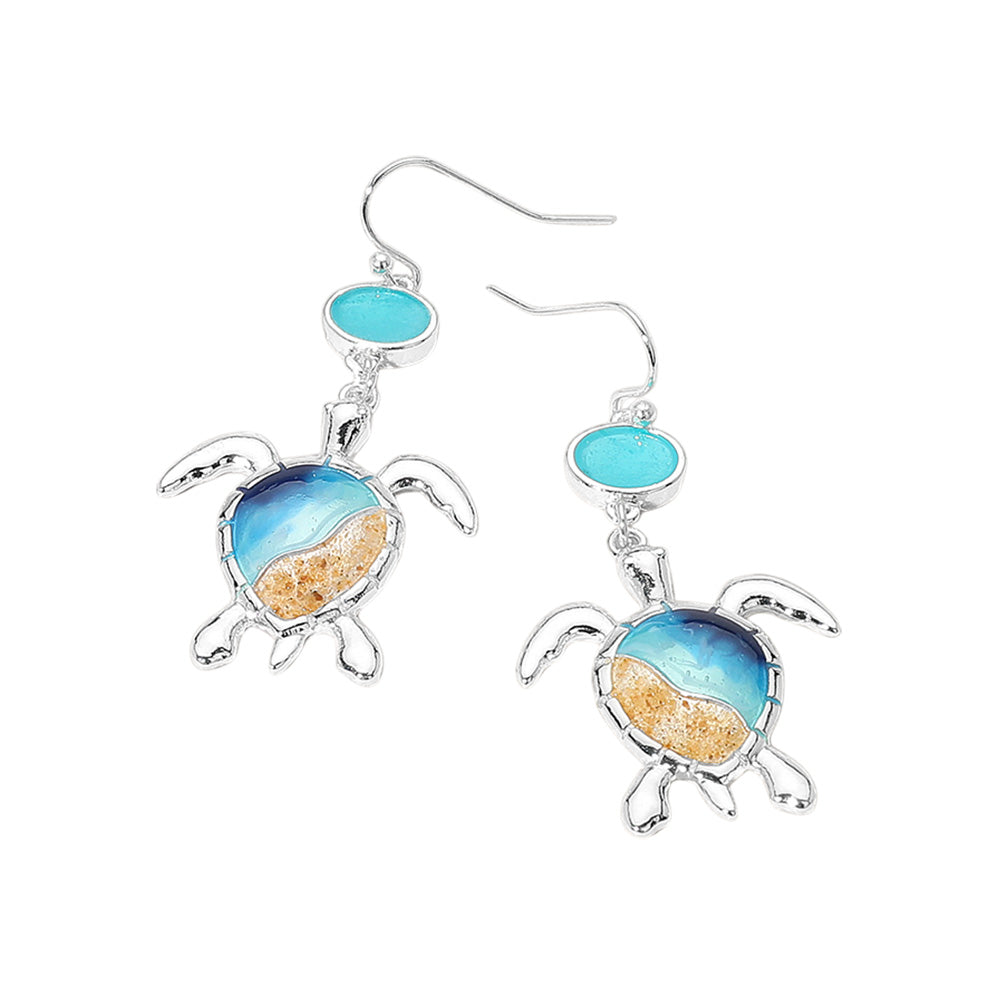 Madeline Love Multi, Silver Enamel Sea Turtle Sea Glass Link Dangle Earrings - desc