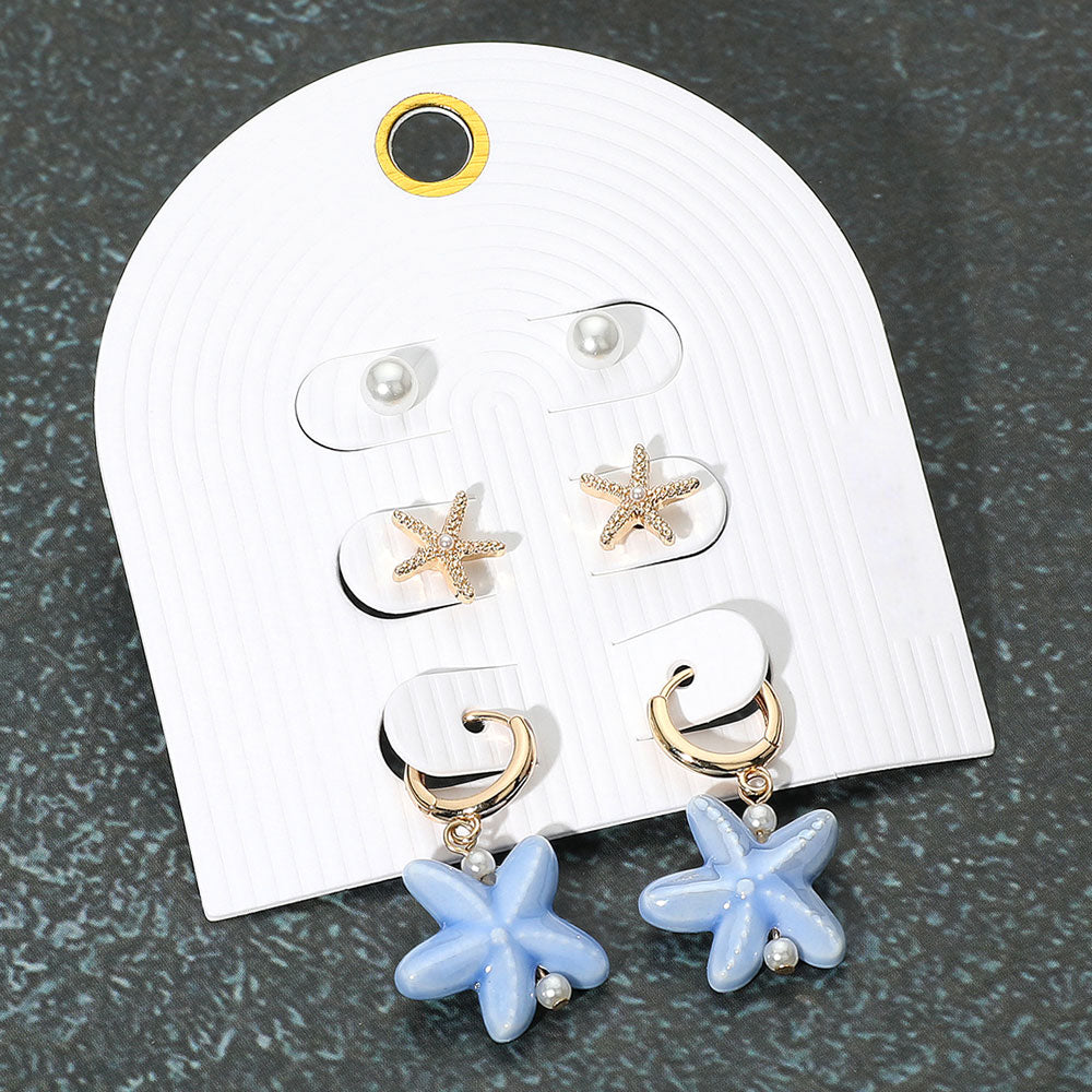 Madeline Love Blue, Gold 3Pairs - Pearl Metal Starfish Stud Ceramic Dangle Earring Set - Earrings