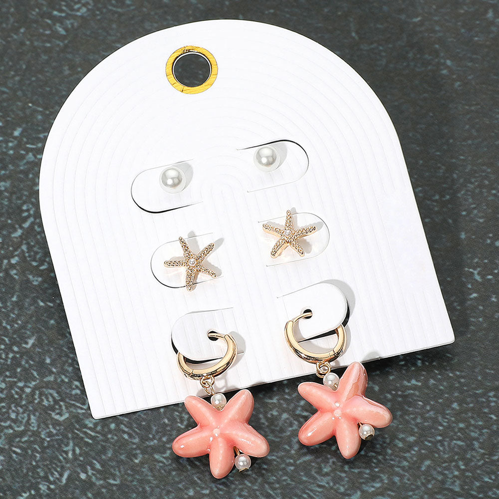 Madeline Love Gold, Pink 3Pairs - Pearl Metal Starfish Stud Ceramic Dangle Earring Set - Earrings