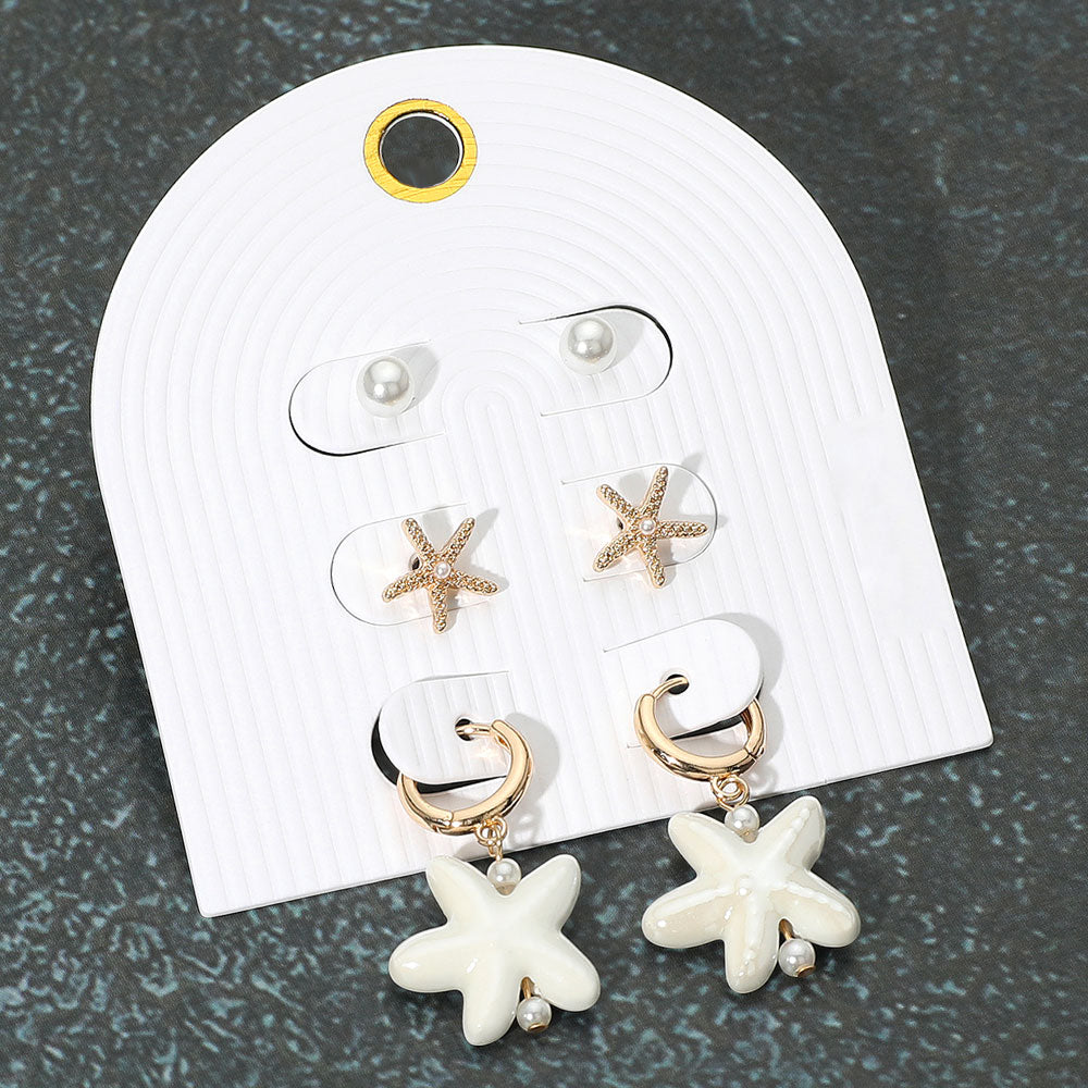 Madeline Love Gold, White 3Pairs - Pearl Metal Starfish Stud Ceramic Dangle Earring Set - Earrings