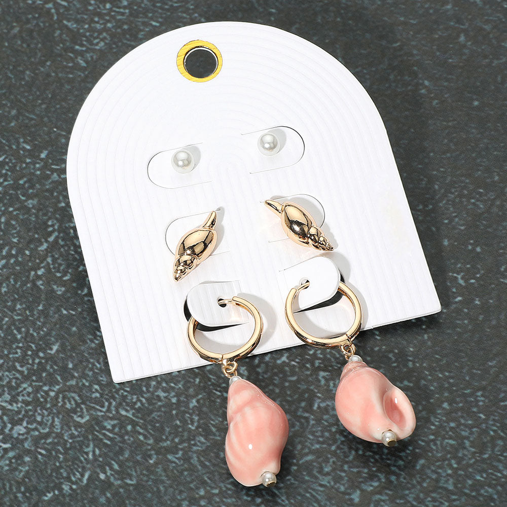 Madeline Love Gold, Pink 3Pairs - Pearl Metal Conch Shell Stud Ceramic Dangle Earring Set - Earrings