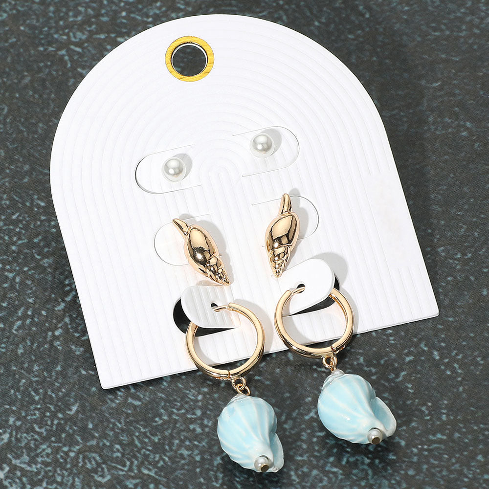 Madeline Love Gold, Turquoise 3Pairs - Pearl Metal Conch Shell Stud Ceramic Dangle Earring Set - Earrings