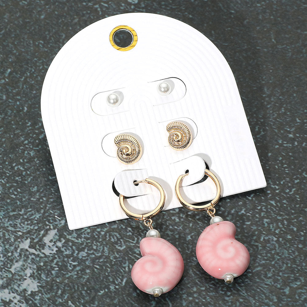 Madeline Love Gold, Pink 3Pairs - Pearl Metal Swirl Shell Stud Ceramic Dangle Earring Set - Earrings