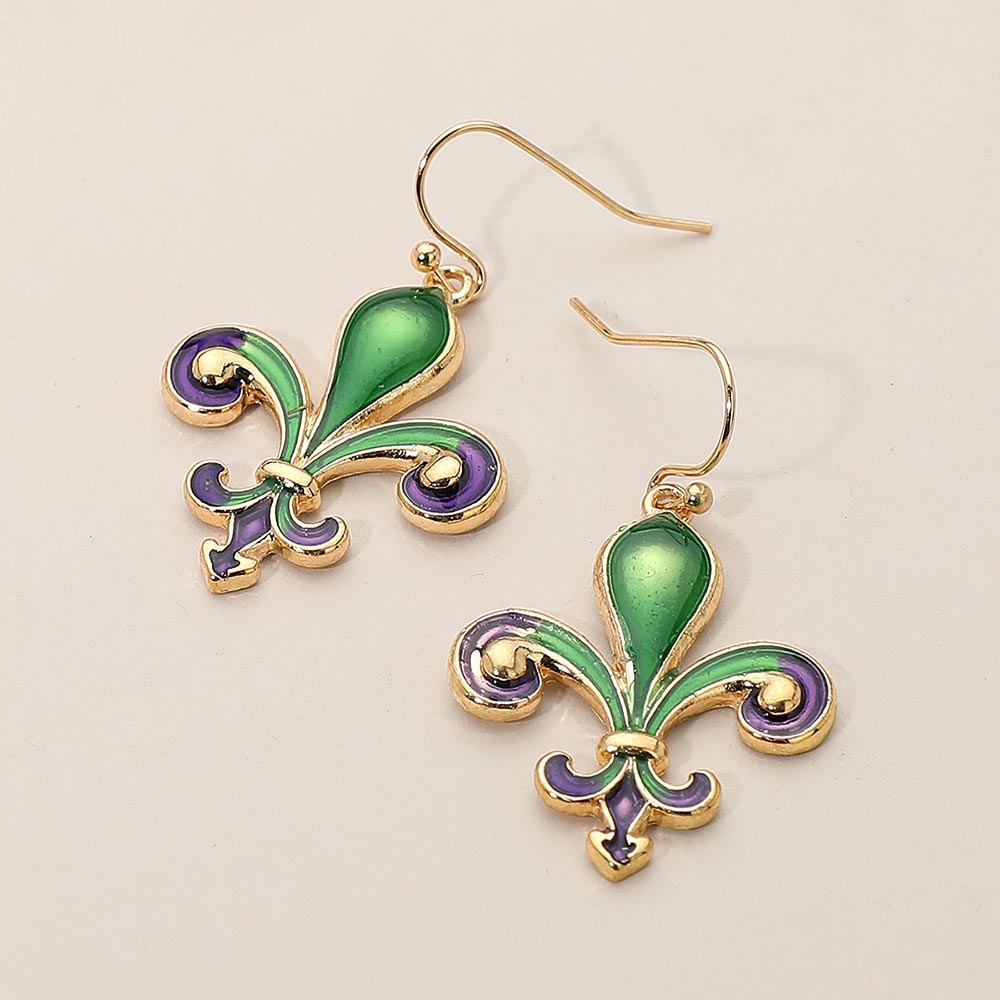 Gold, Multi Mardi Gras Fleur de Lis Dangle Earrings