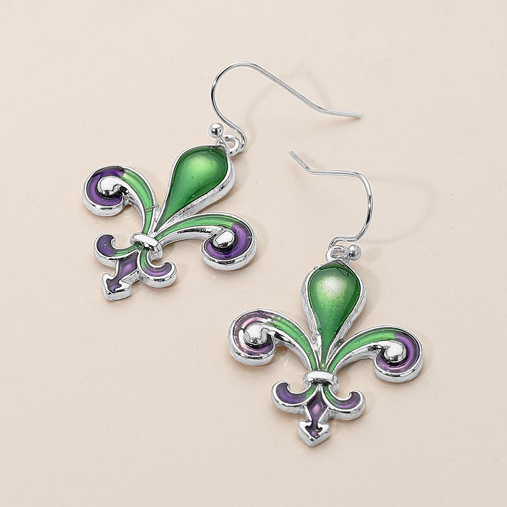 Multi, Silver Mardi Gras Fleur de Lis Dangle Earrings