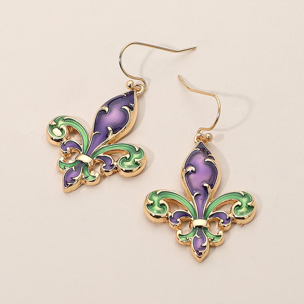 Gold, Multi Enamel Mardi Gras Fleur de Lis Dangle Earrings