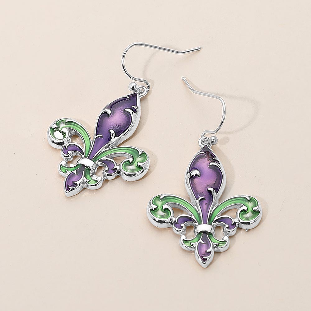 Multi, Silver Enamel Mardi Gras Fleur de Lis Dangle Earrings